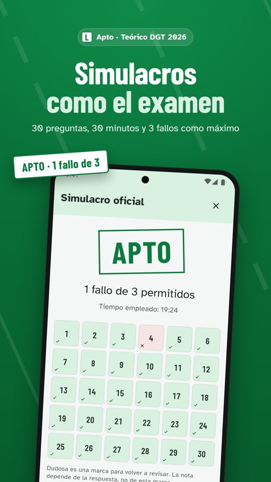 Resultado APTO de un simulacro con el detalle de cada fallo