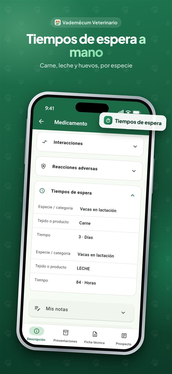 Tiempos de espera en carne y leche por especie